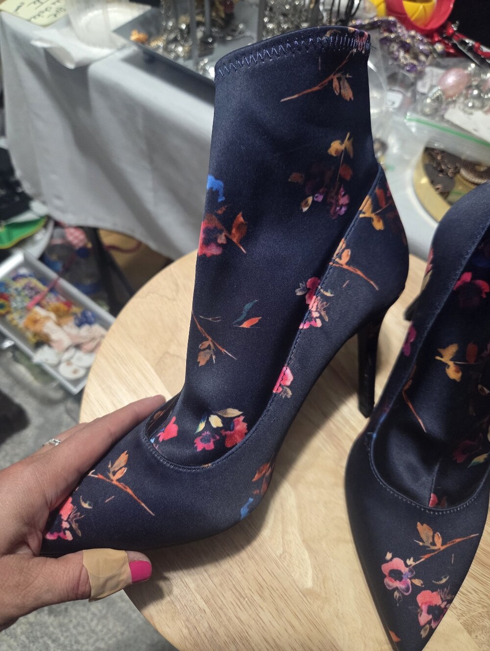 Gianni Bini Navy Blue Floral Pointed Toe Stiletto Sock Boots - Picture 4 of 6